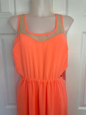 NEON CORAL LONG SLEEVELESS MAXI DRESS WITH TAN LACE & SIDE CUT OUTS JUNIOR SZ L